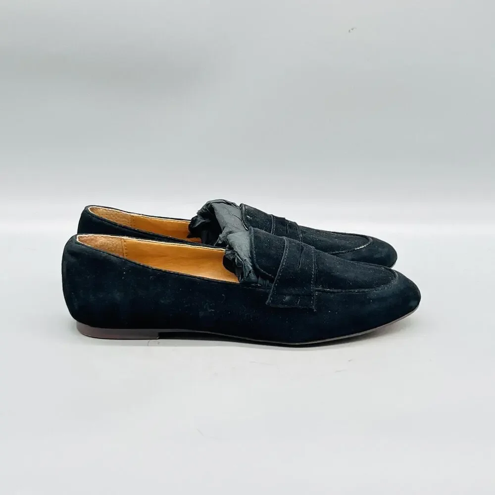 J Crew Shoes Womens 5.5 Black Suede Penny Loafer Flats Almond Toe Slip On Casual